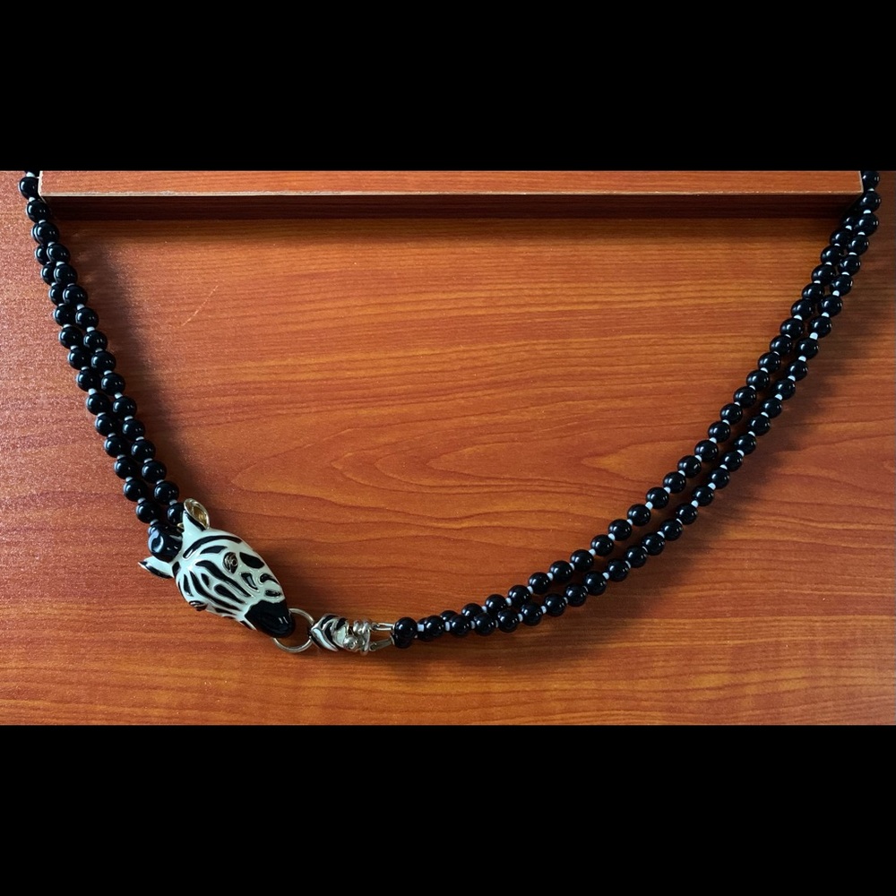Black Onyx & Crystal beaded necklace, 33.25 in. w/Zebra head finished in enamel